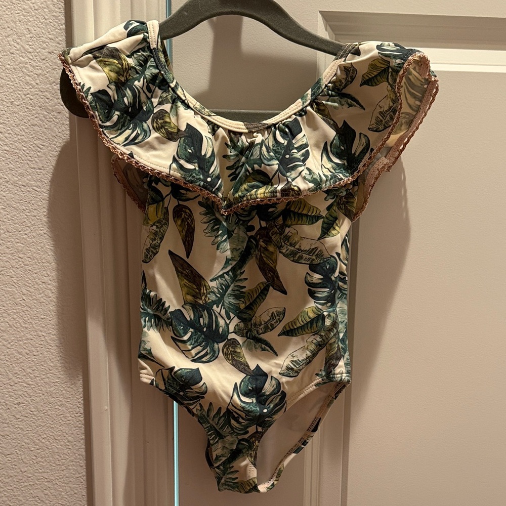 Janie and Jack Leaf Print One Piece Swimsuit - Green and Cream